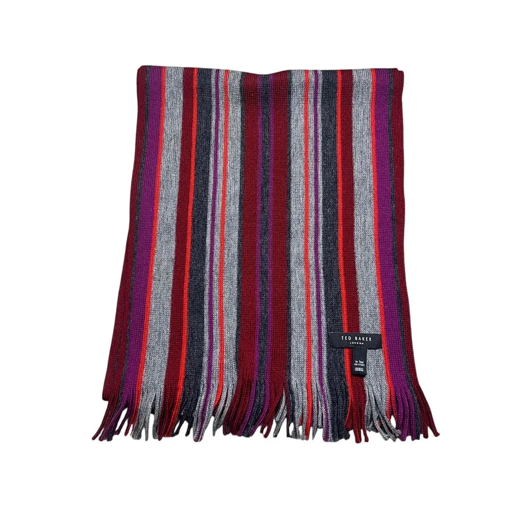 Ted‎ Baker London Mens Striped Knit Scarf Grey Burgundy Purple Orange Fringe